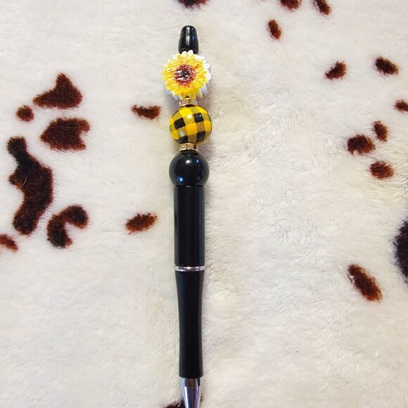 Black Sunflower Custom Made Rhinestone Wood Beaded Ink Pen - Picture 1 of 4
